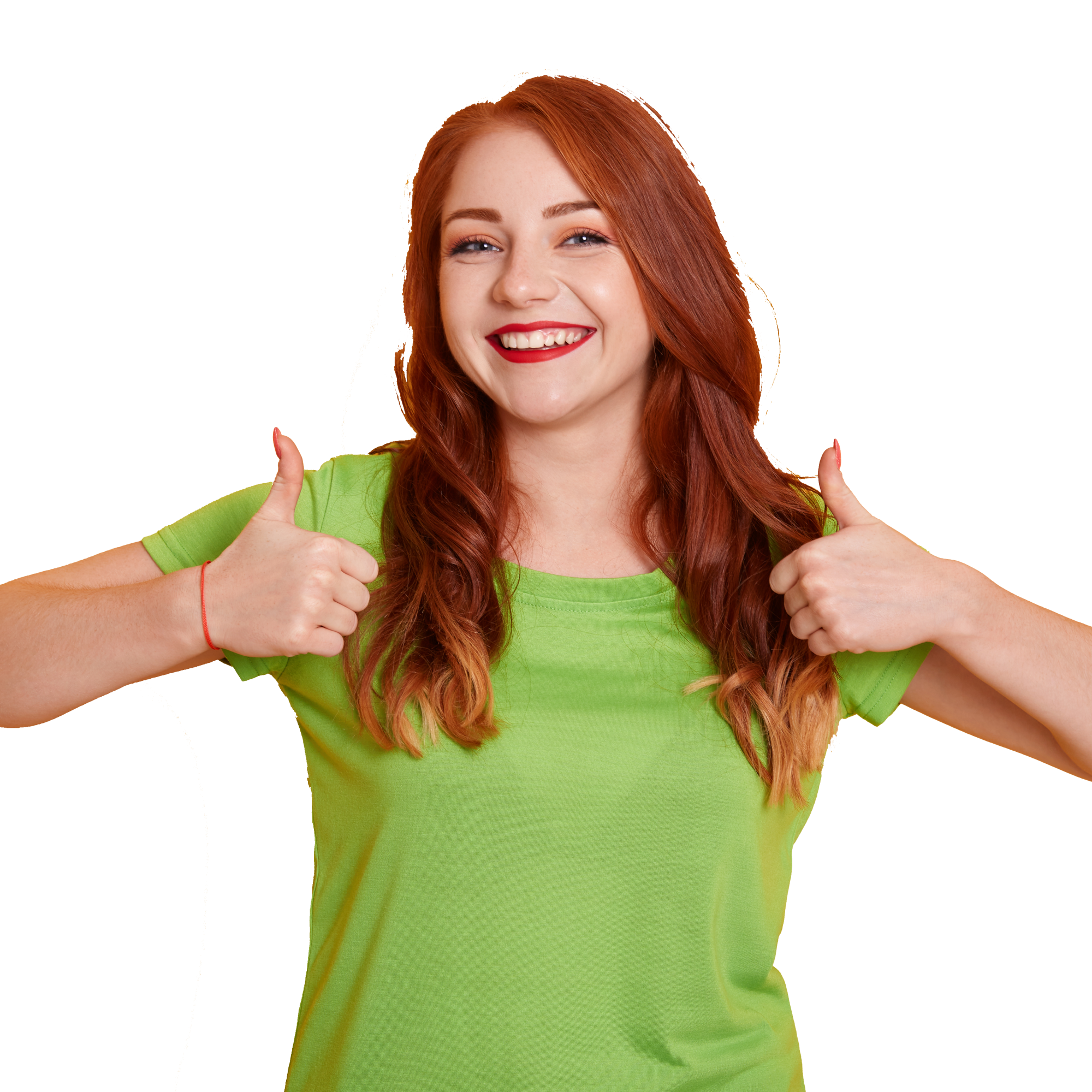 cheerful-lovely-girl-showing-thumbs-up-while-posing-isolated-red-haired-girl-in-green-t-shirt